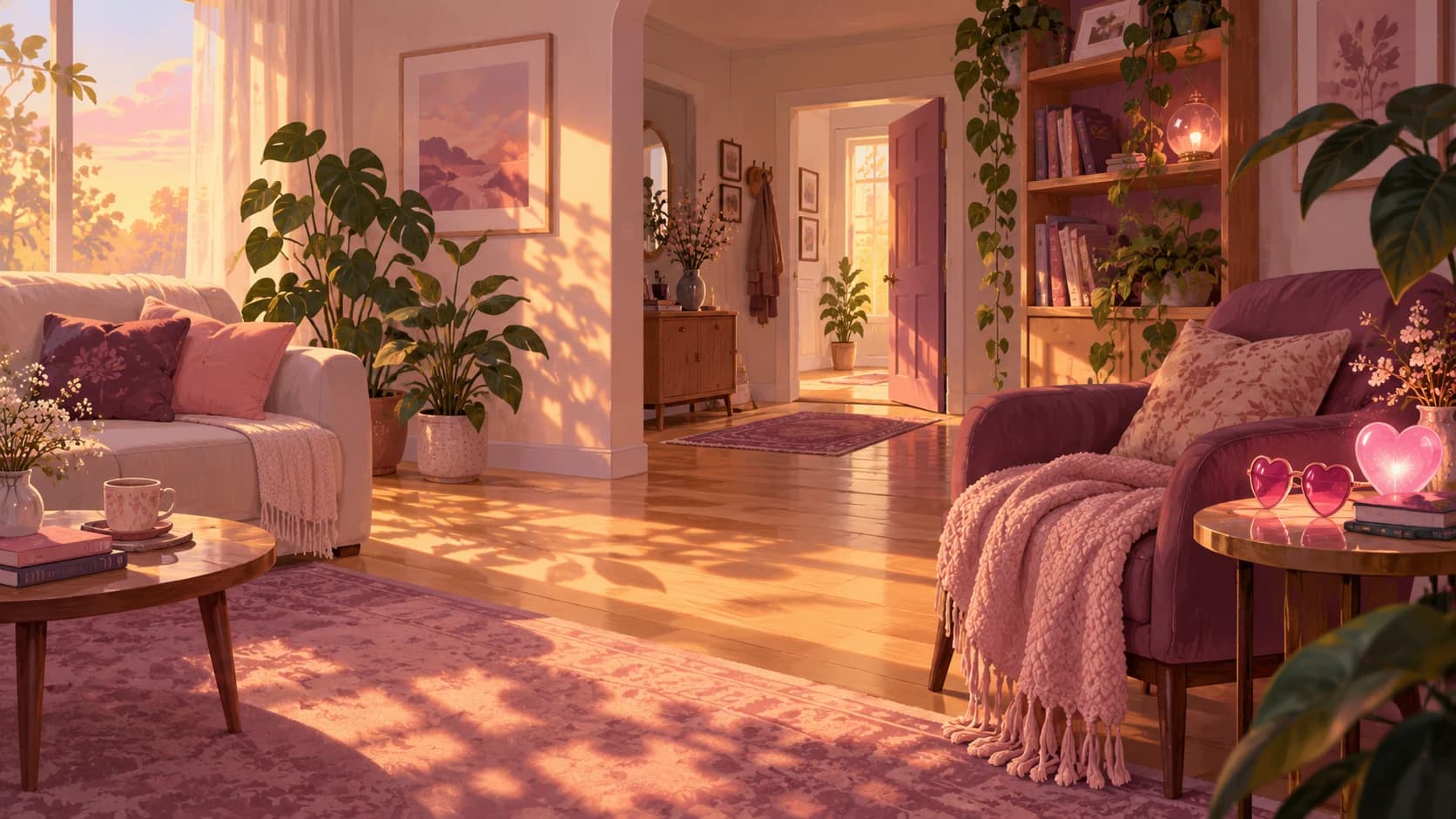 Original illustration of a cozy home with heart-shaped glasses